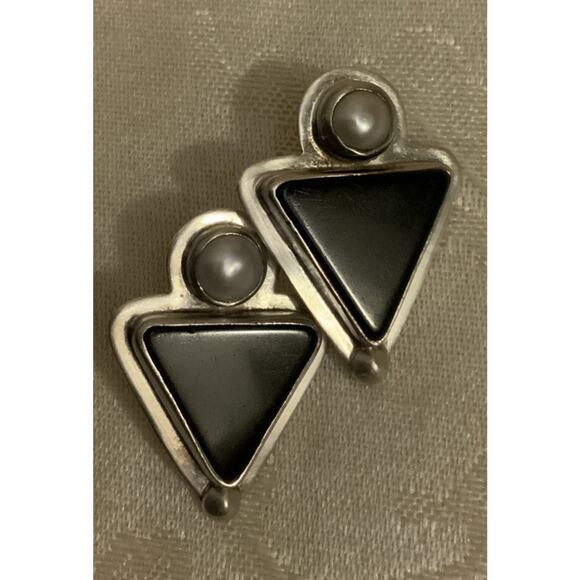 Echo of the Dreamer Earrings Sterling Black Onyx And Pearl Vintage - Picture 5 of 5